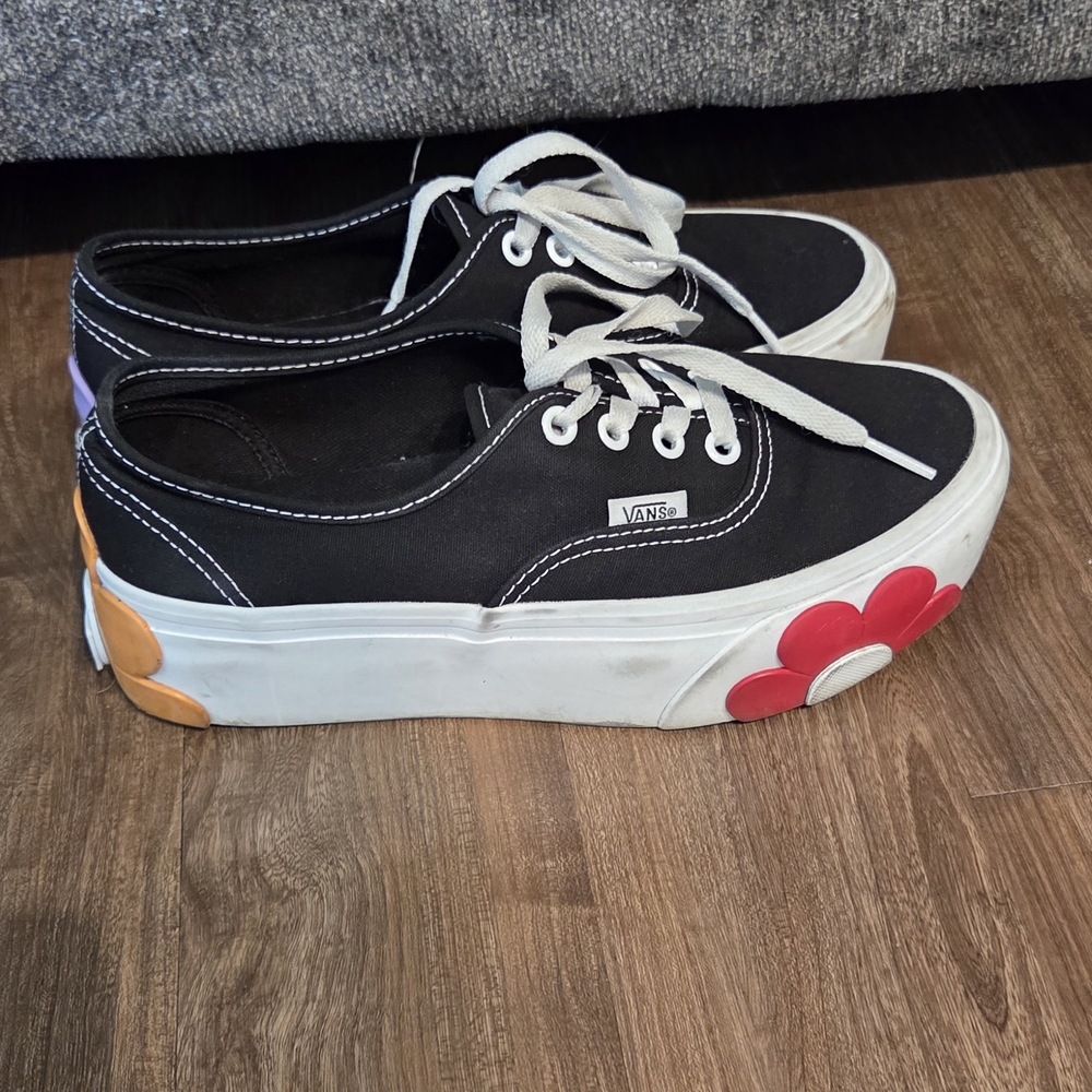 Vans Black Stacked Sneakers with Red & Orange Flower Accents